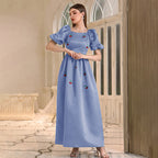 Women's Blue Square Neck Puff Sleeve A Line Dress