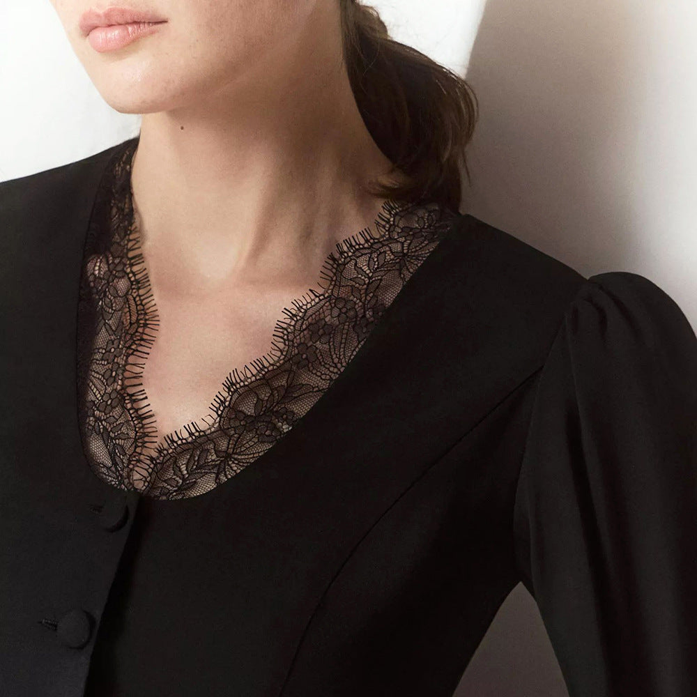 Autumn White V neck Lace Stitching Shirt Women Tight Waist Lotus Leaf Hem Puff Sleeve Long Sleeve French Tup Cardigan