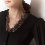 Autumn White V neck Lace Stitching Shirt Women Tight Waist Lotus Leaf Hem Puff Sleeve Long Sleeve French Tup Cardigan