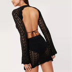Crocheted Hollow Out Cutout Long Sleeved Lace Up Seaside Dress