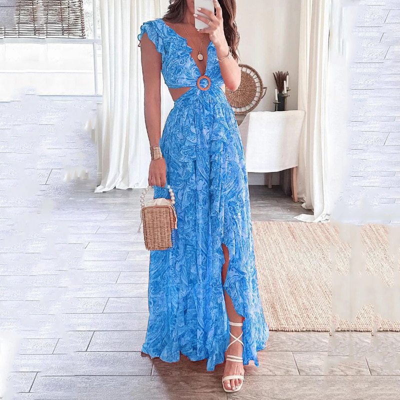 Deep-V Cropped Outfit Long Pleated Dress