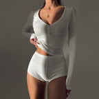 Low Cut V neck Tight Long Sleeved Top Sports Super Short Shorts Two Piece Set