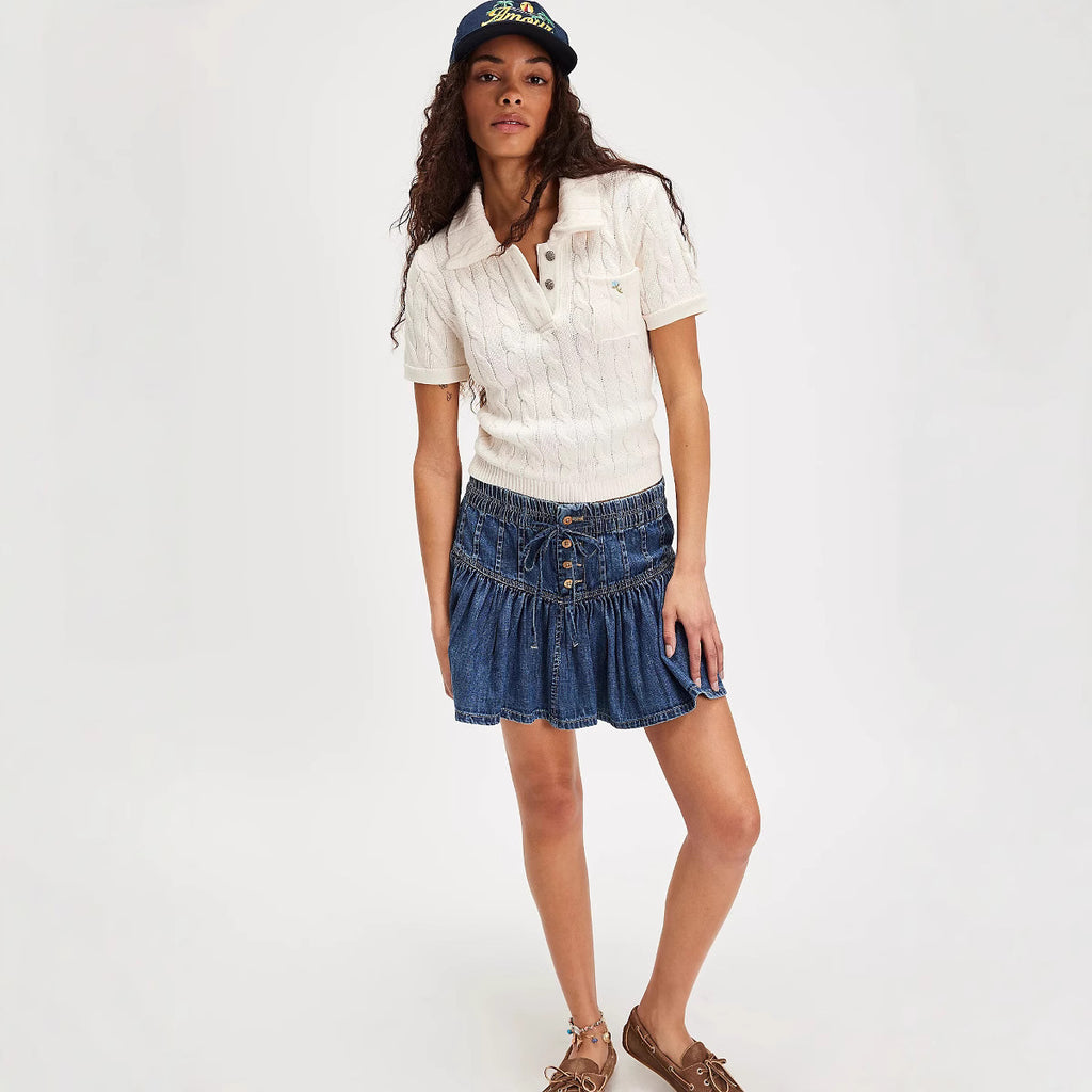 Spring High Waist A Line Casual Retro Denim Pleated Skirt