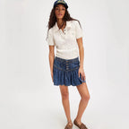 Spring High Waist A Line Casual Retro Denim Pleated Skirt