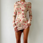 Women's Autumn Winter Slim Fit Oblique Shoulder Pleated Print Long Sleeve Midi Dress