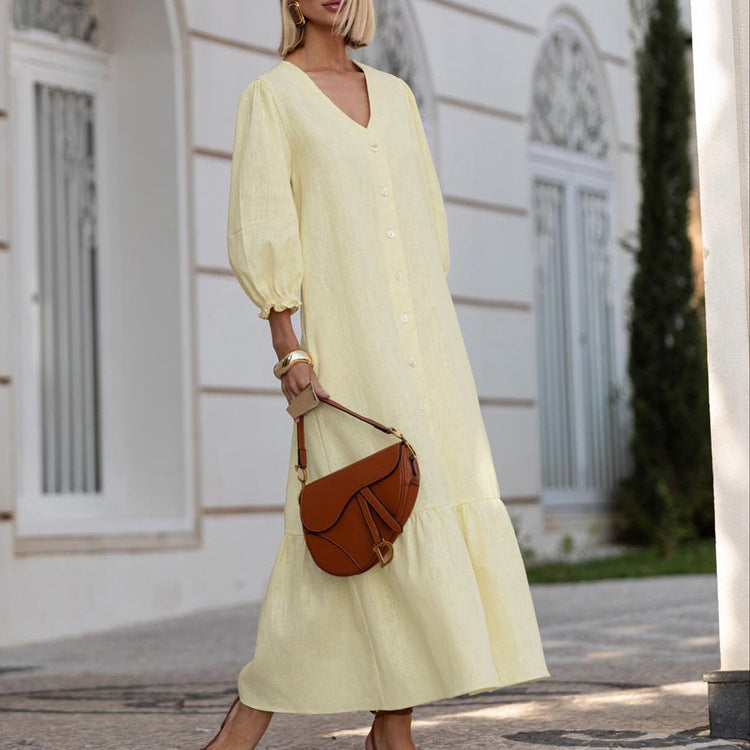 Fall V neck Puff Sleeve Single Breasted