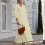 Fall V neck Puff Sleeve Single Breasted