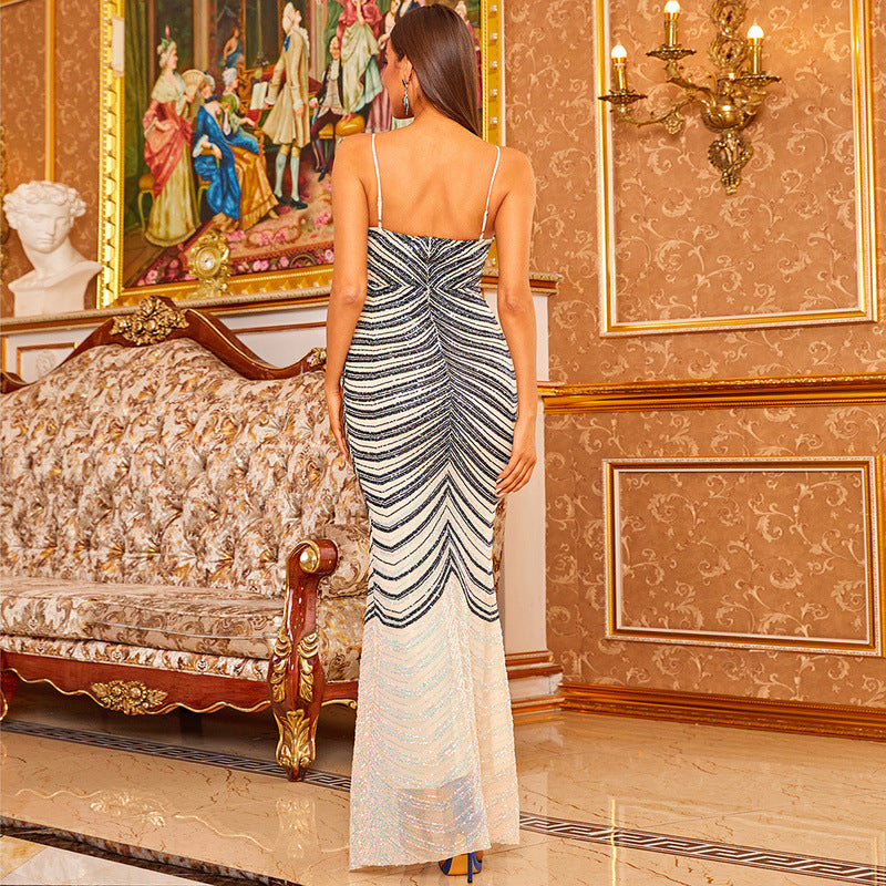 Women's Deep V-Neck Strap Elegant Fishtail Gray Cocktail Long Dress