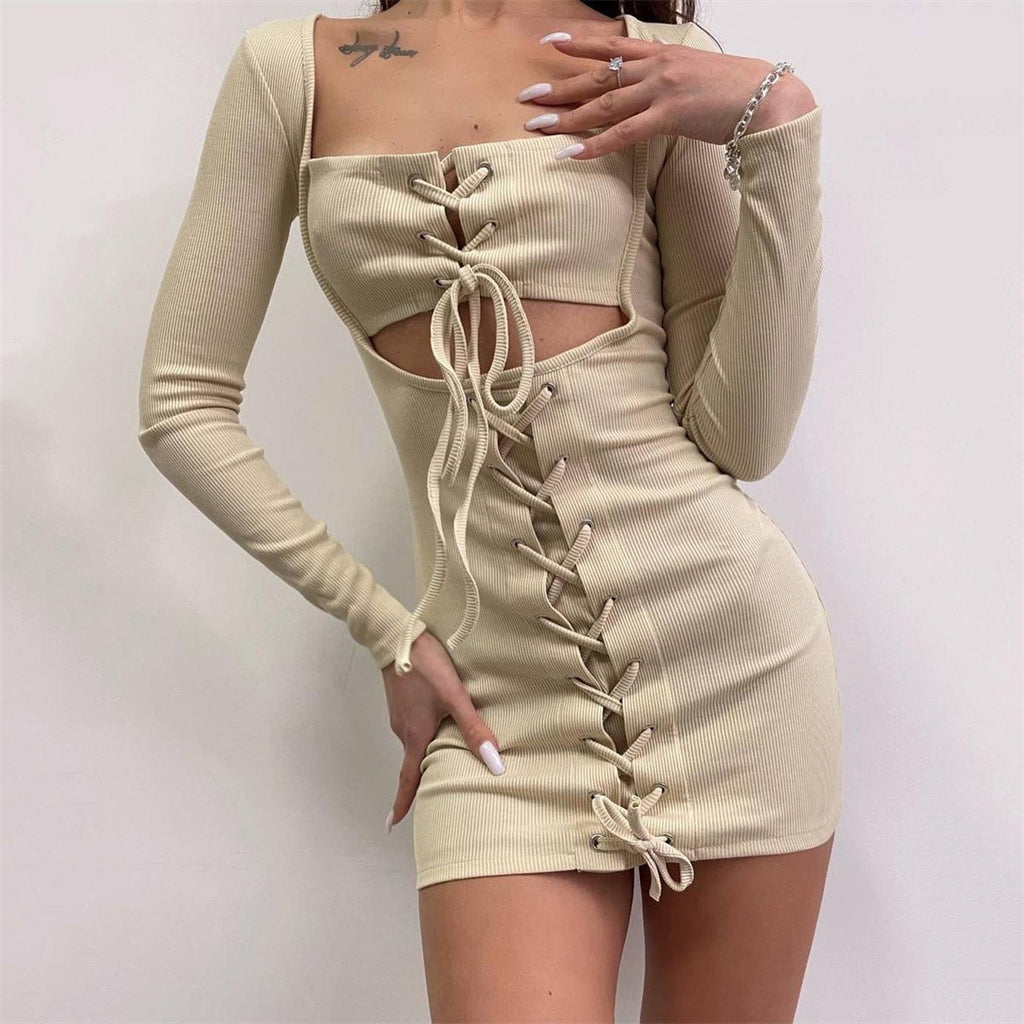 Square Collar Hollow Out Cutout Out Faux Two Piece Dress Lace-Up