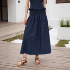 Classic Dark Blue High Waist Layer by Layer Pleated Design Add Three Dimensional Women Denim like Skirt