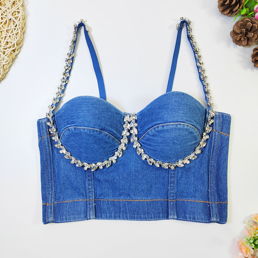 Women's Rhinestone Beaded Denim Corset Bra