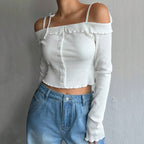 Women’s White Ruffle Tie Strap Cropped Camisole