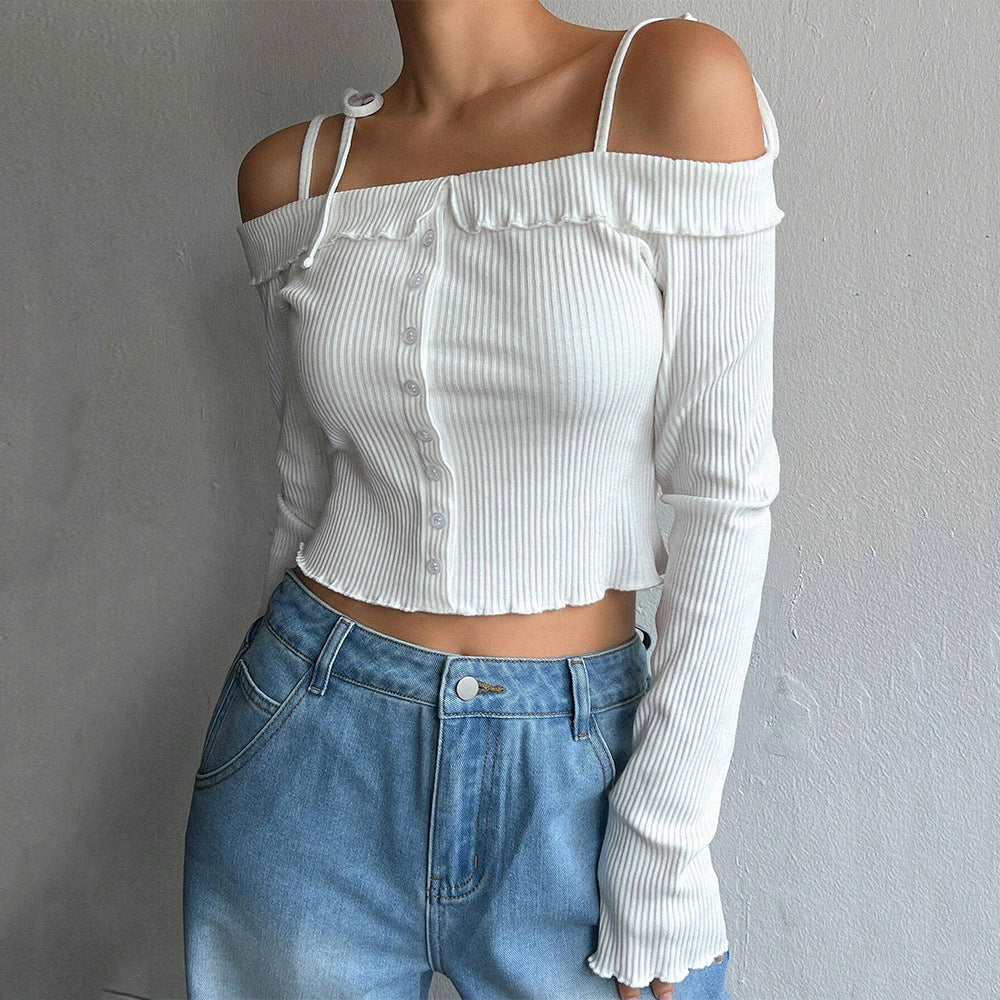 Women’s White Ruffle Tie Strap Cropped Camisole