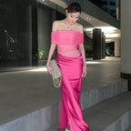Women's Spring Summer Sexy See through Stitching off Shoulder Dress
