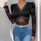 Solid Color Lace Long Sleeve Jumpsuit