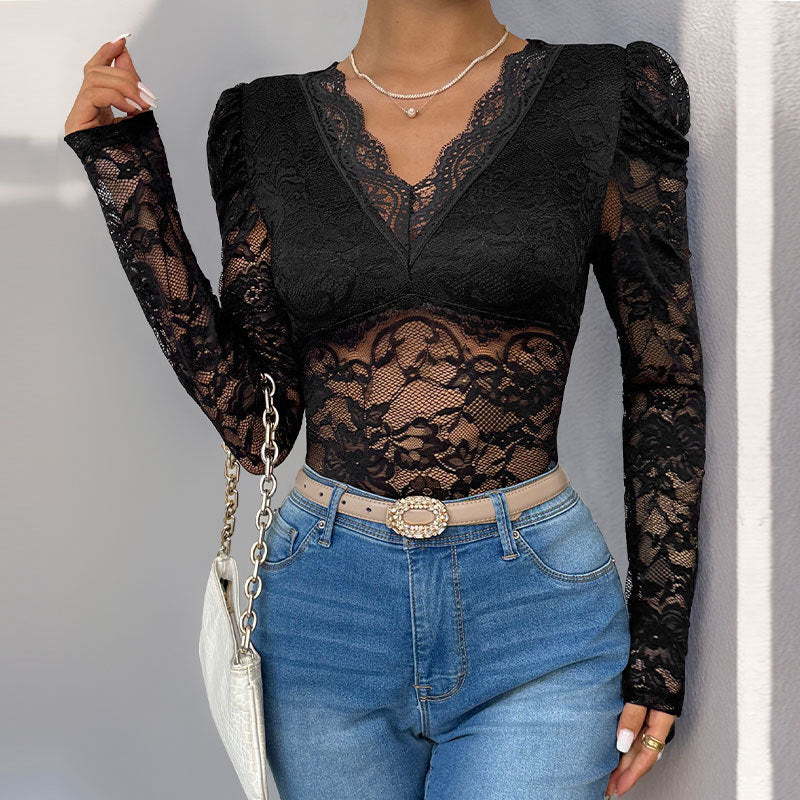Solid Color Lace Long Sleeve Jumpsuit