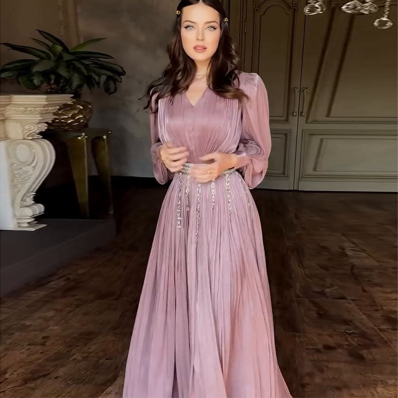 Women's Fuchsia V-Neck Tulle Long Sleeve Dress