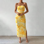 Women's Floral Strapless Ruched Split Midi Dress