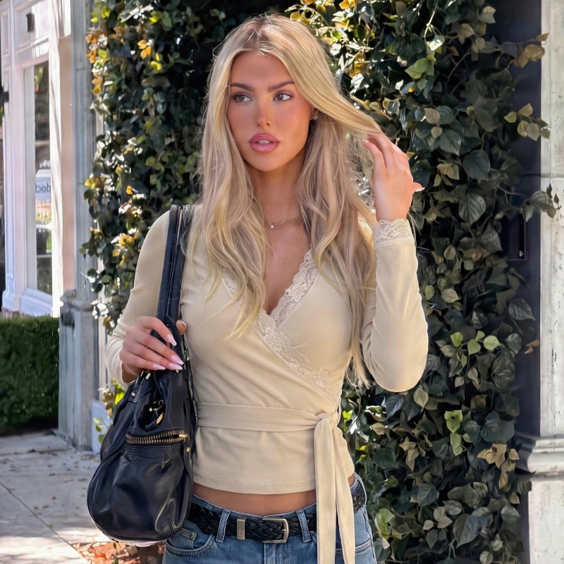 Women's Autumn Solid Color V Neck Lace Band Long Sleeved T Shirt