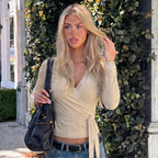 Women's Autumn Solid Color V Neck Lace Band Long Sleeved T Shirt