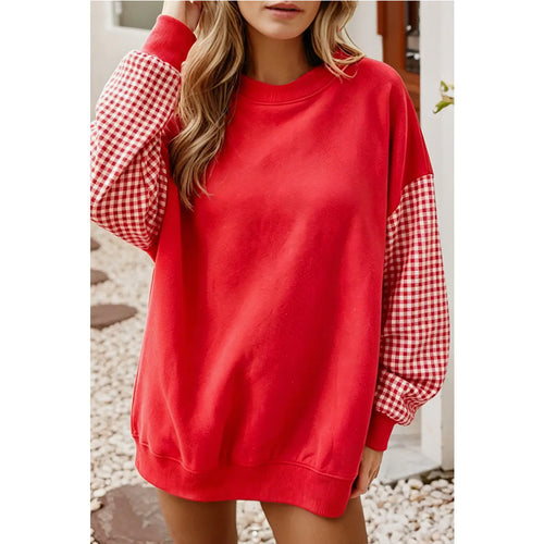 Red loose sweatshirt with round neck and checkered contrast sleeves, long sleeve