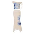 Women's Summer Printed Diagonal Collar Lace up Top Slim Wave Edge Skirt Set