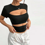 Women’s Black Cutout Slim Fit Short Sleeve Top