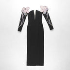 Women's Rhinestone Off-Shoulder Long Sleeve Slit Maxi Dress