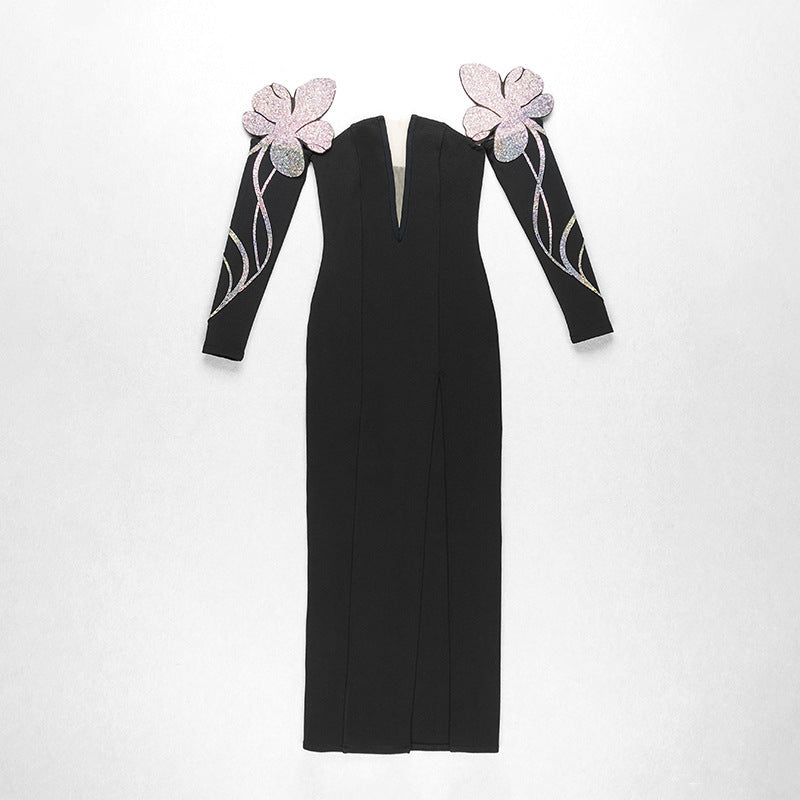 Women's Rhinestone Off-Shoulder Long Sleeve Slit Maxi Dress