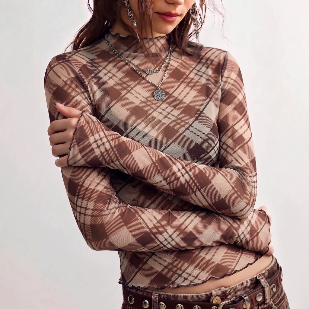 Women's Mesh Plaid Long-Sleeve Shirt