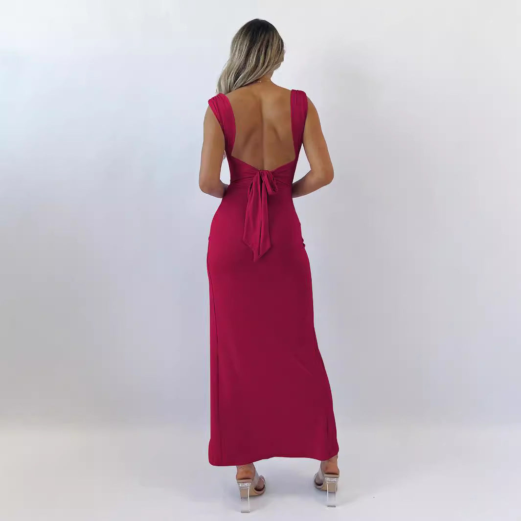 Women's Backless Lace-Up Slit Sheath Dress