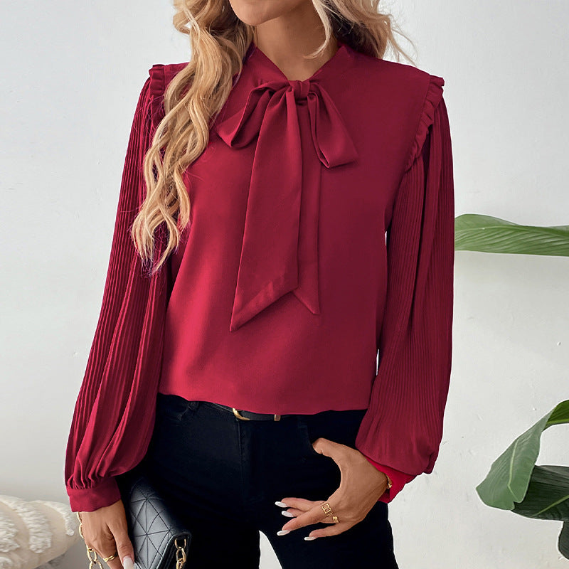 Women's Shirt Lantern Long Sleeve Bow Collar Solid Color Women Shirt