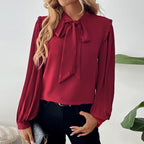 Women's Shirt Lantern Long Sleeve Bow Collar Solid Color Women Shirt