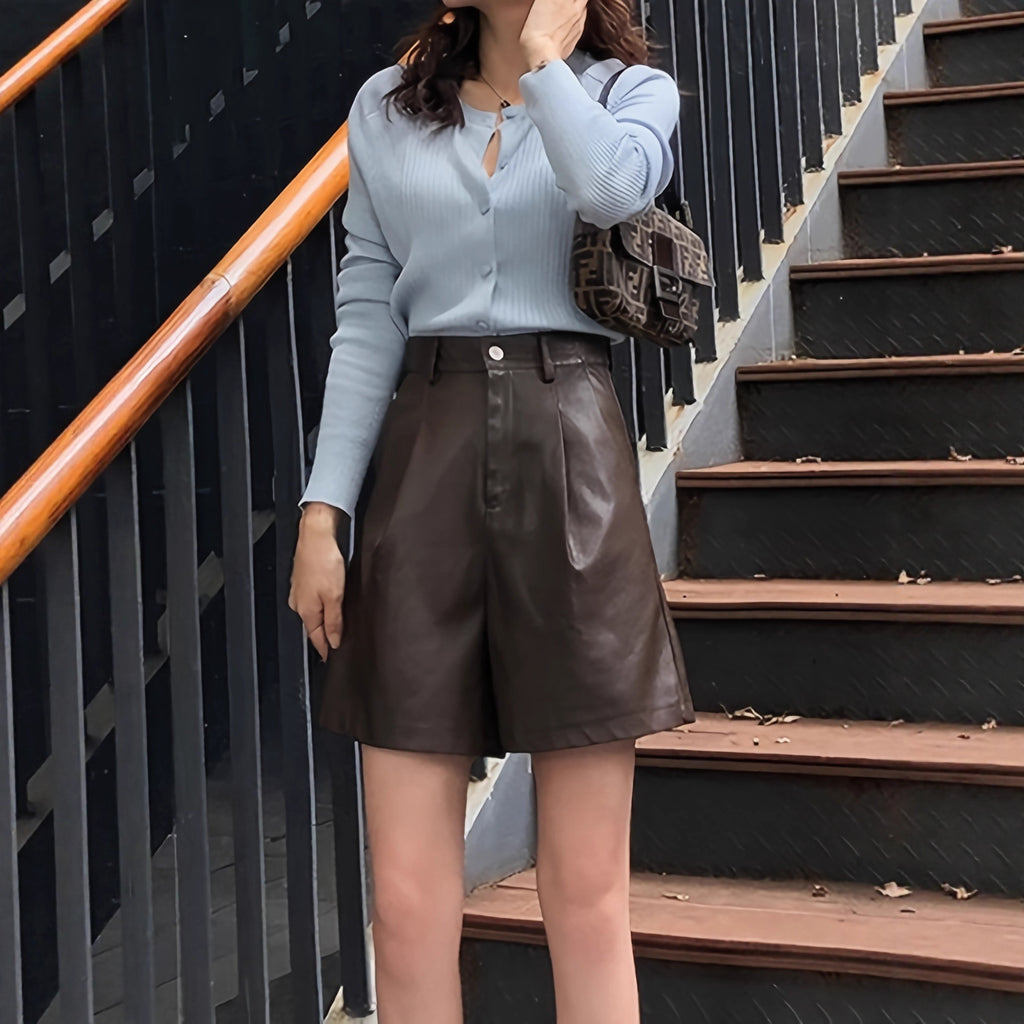 Women Simple Solid Color HW Button Short All Match Loose