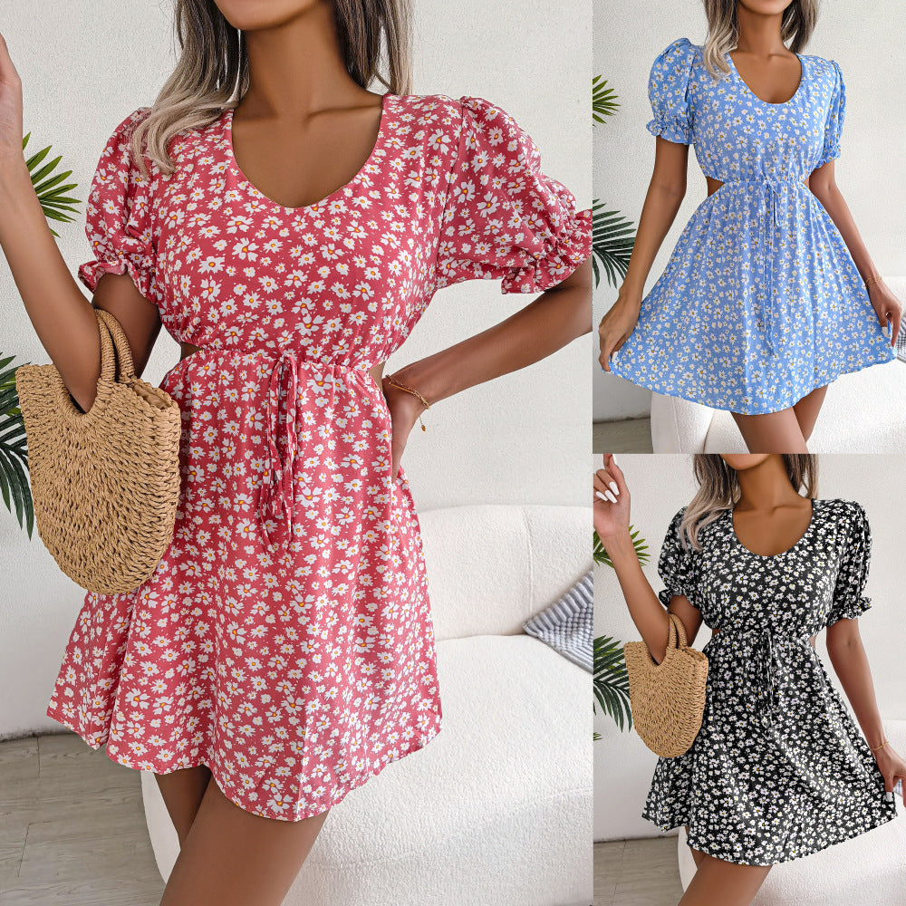 Floral Chiffon Puff Sleeve Cutout Mini Dress