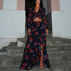 Women's Digital Printing Sexy Suit Long Sleeve Short Top Design Ruffled Slit Sheath Skirt Two Piece Set