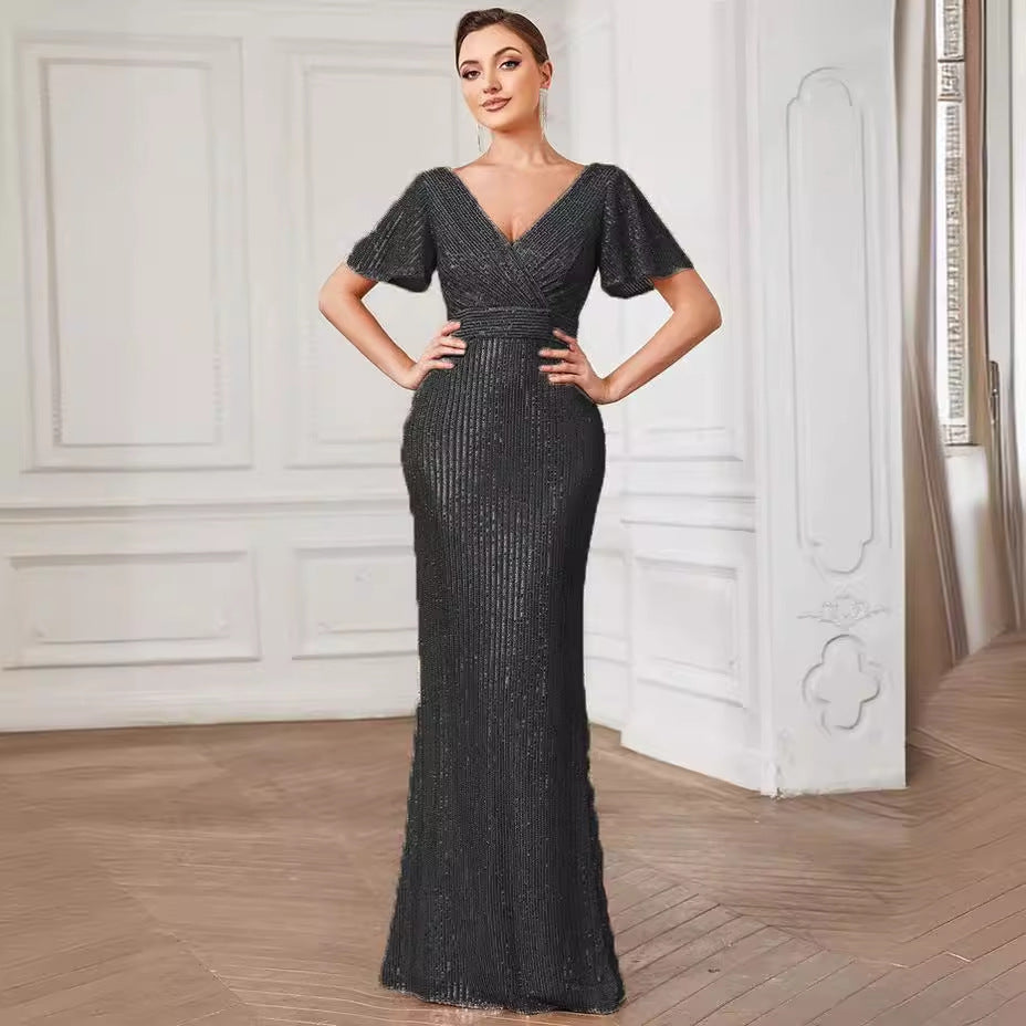 Women's Sequin V-Neck Split Evening Maxi Dress