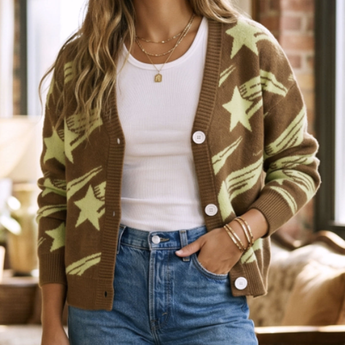 Women's Star Jacquard V-Neck Cardigan