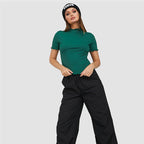 Women's Short Sleeve Solid Color Turtleneck T-Shirt Thread Sunken Stripe