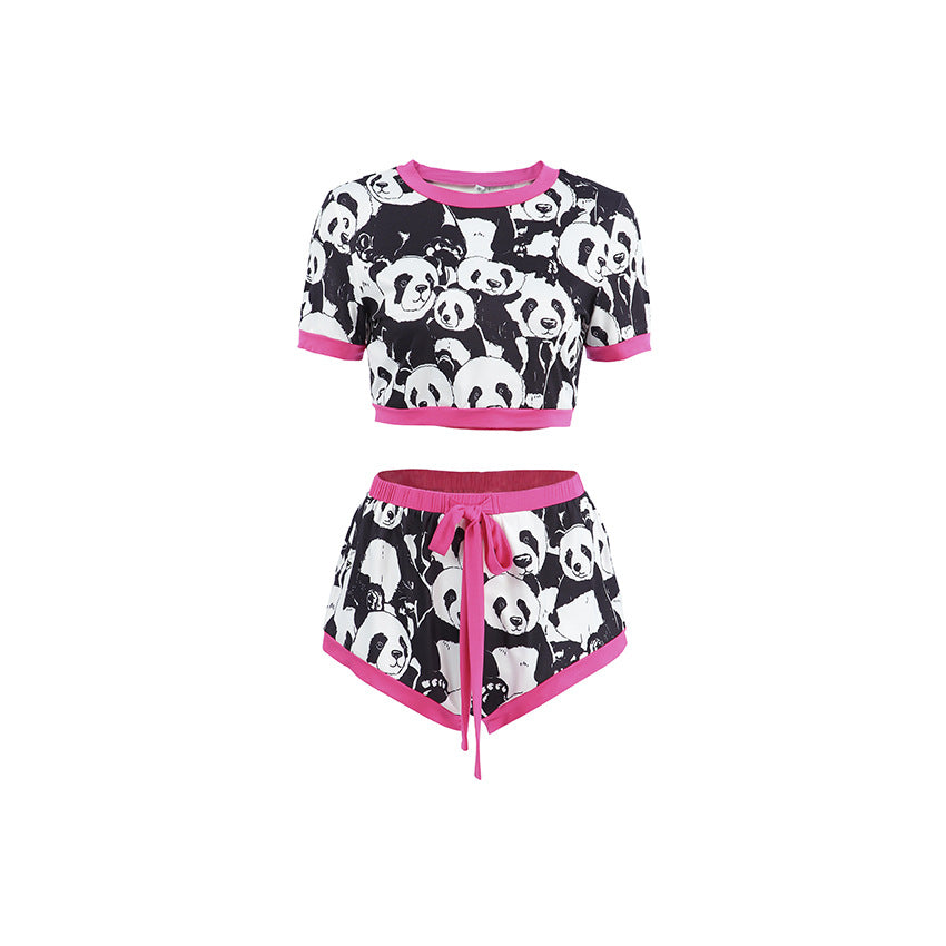 Summer Cool Cute Panda Print Stitching Short Sleeved Shorts Two Piece Women Home Wear