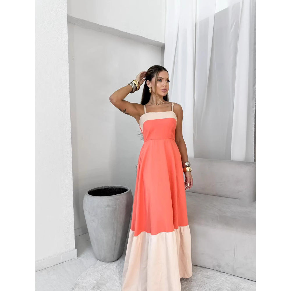 Women's Color Matching Long Sling Dress
