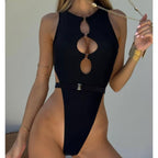 Black deep V one-piece swimsuit with central keyhole cutout and oval ring panels.