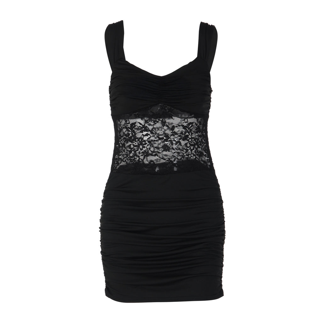Black lace overlay sleeveless bodycon mini dress with ruched skirt.