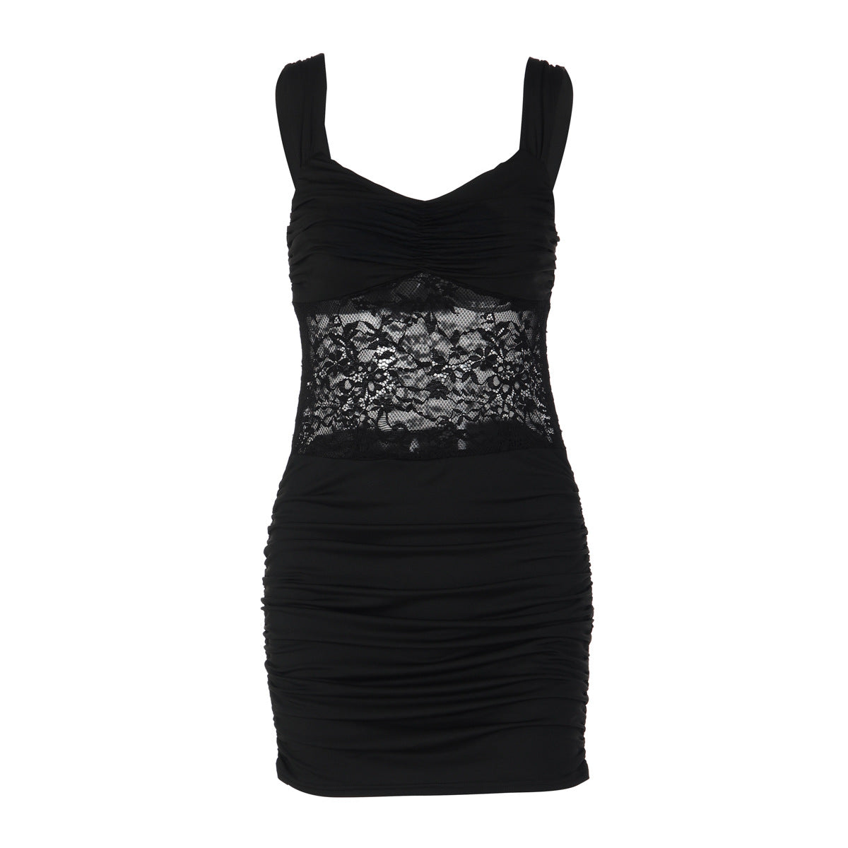 Black lace overlay sleeveless bodycon mini dress with ruched skirt.