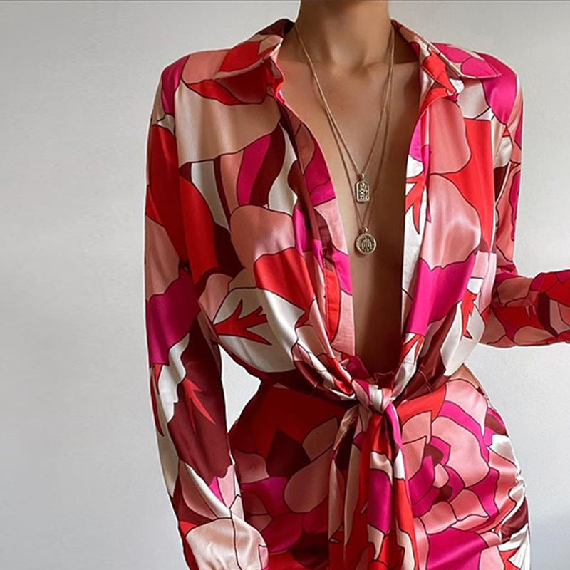 Women's Summer Collared Print Long Sleeve Narrow Dress