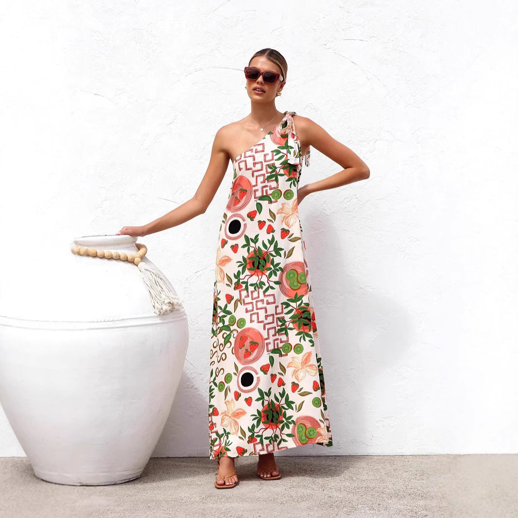 Women's Printed One-Shoulder Lace-Up Dress