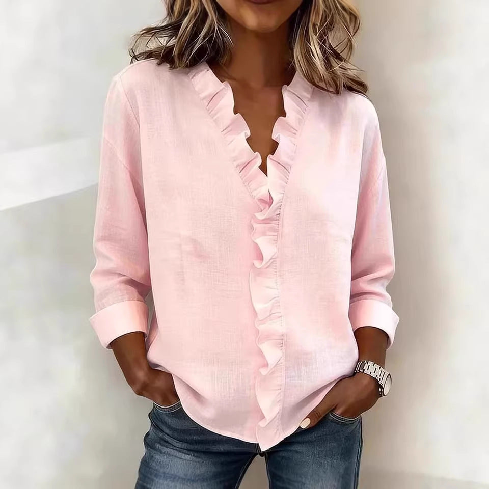 Women's Ruffle-Detail V-Neck Long-Sleeve Blouse