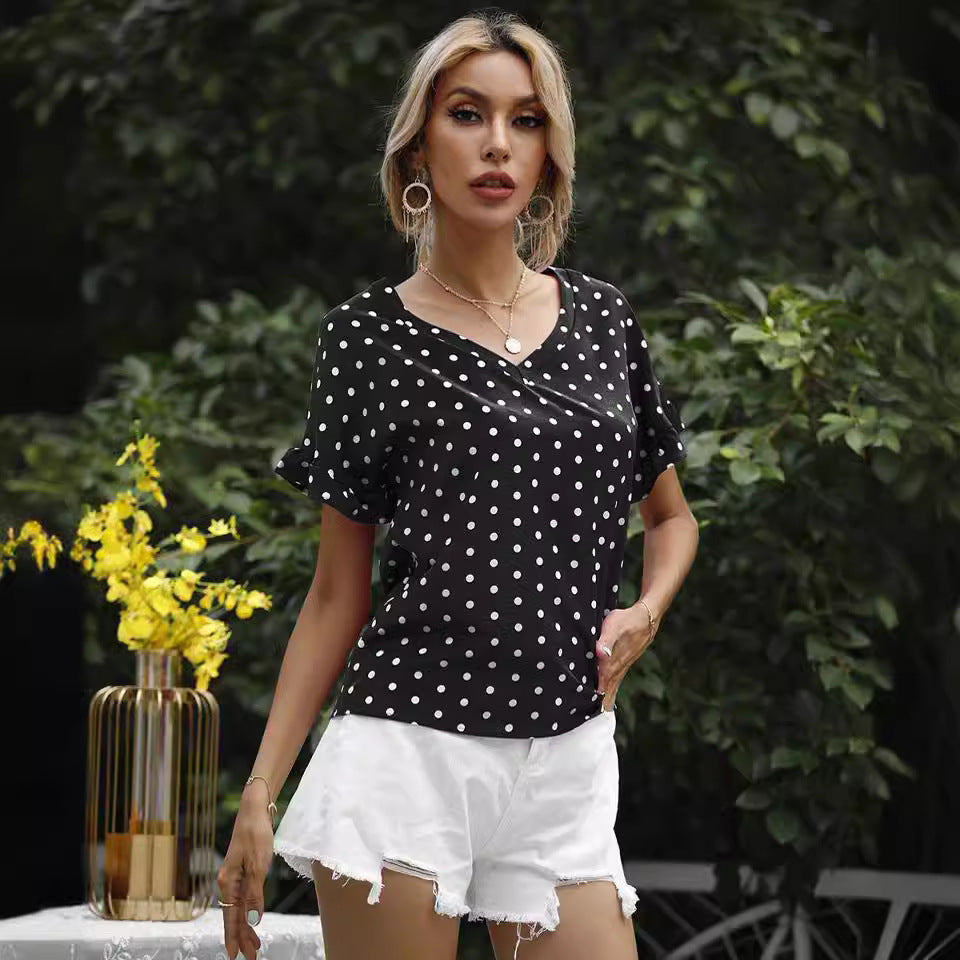 Women's Clothing Europe Station Summer Polka Dot V Neck Short Sleeve T Shirt Top