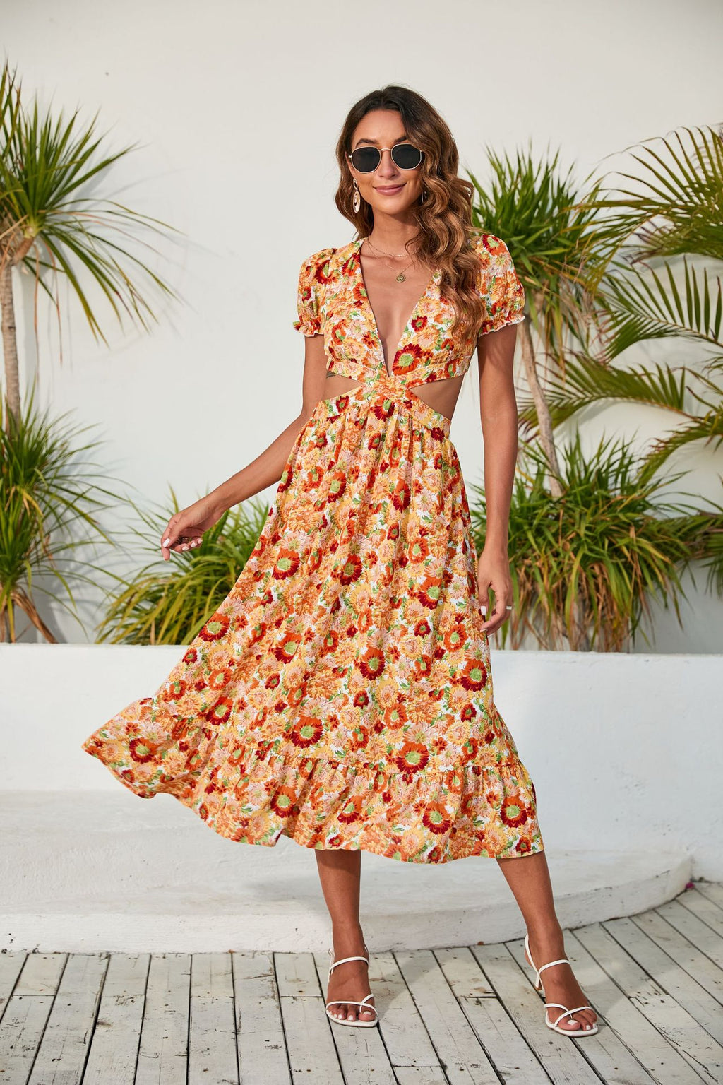 Women's Floral V-Neck Backless Ruffled Vacation Maxi Dress