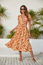 Women's Floral V-Neck Backless Ruffled Vacation Maxi Dress